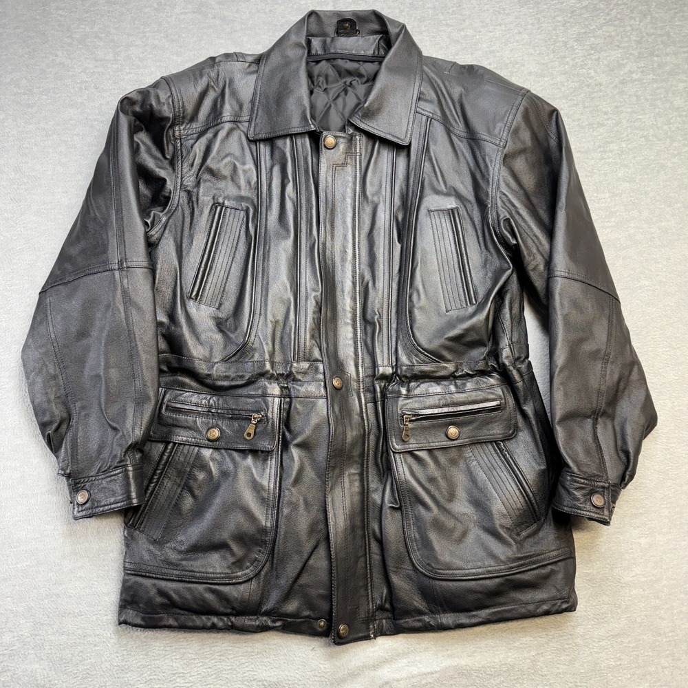 Vintage Leather Jacket Adult L/XL Black Quilt Lined Field Parka Full Zip Cinched - Picture 2 of 16